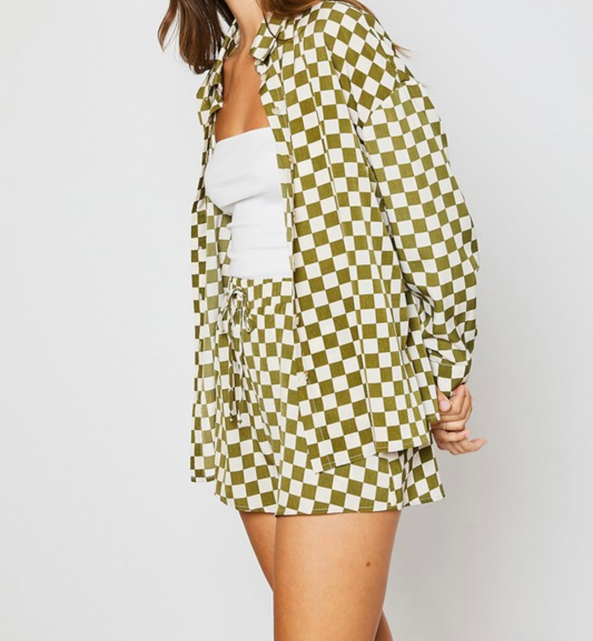 Olive Checkered Print Shorts Set